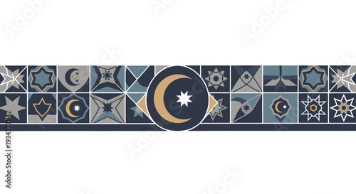 Elegant Islamic geometric pattern with crescent moon and star motif, perfect for Ramadan and Eid celebrations