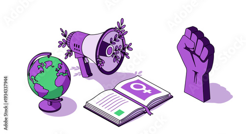 Vibrant feminist symbols and megaphone for global awareness and activism