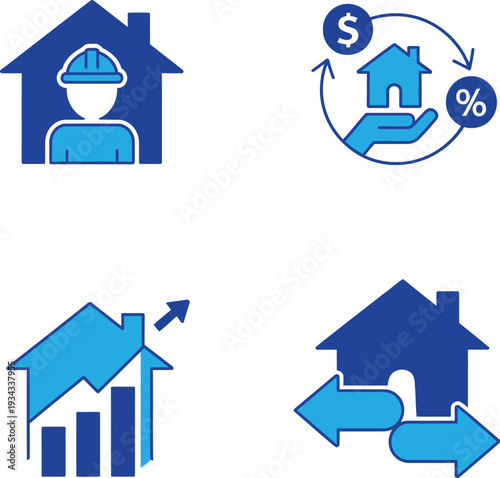 real estate and construction business icon set. house mortgage, growth, investment, and exchange. vector illustration