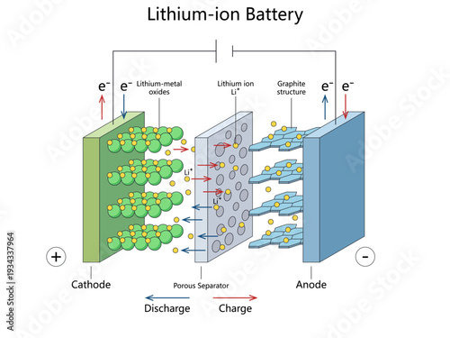 lithium ion battery showing cathode, anode, separator and lithium ion movement during charge and discharge process diagram hand drawn schematic vector. Science educational illustration