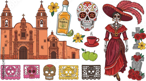Mexican Culture Collection with Day of the Dead Woman, Sugar Skull, Tequila, Cathedral and Traditional Papel Picado Vector Illustration
