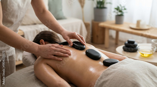 Woman receiving hot stone massage in wellness spa environment  