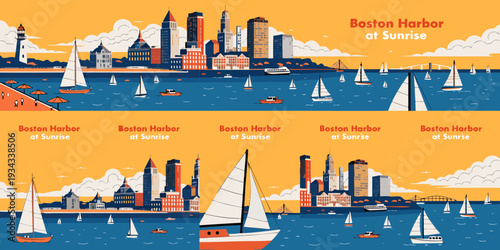 Boston Harbor at Sunrise with Sailboats & City Skyline – Ultra‑Wide Flat Vector Panoramic Illustration | USA US U.S. United States Banner, Card & Flyer Design
