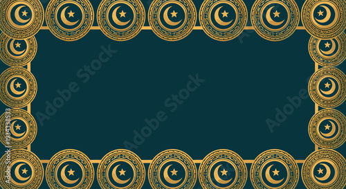 Elegant golden Islamic border with moon and star patterns on a dark teal background, providing a luxurious frame for cultural greetings and festive invitations