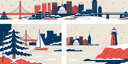 Boston Skyline in Winter Snow – Minimalist Ultra‑Wide Flat Vector Panoramic Illustration | USA US U.S. United States Banner, Card & Flyer Design
