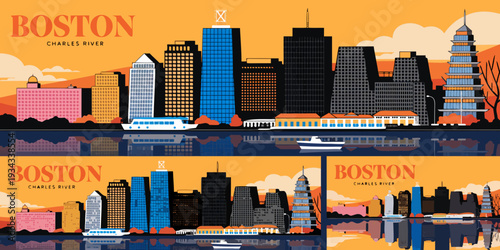 Boston Skyline at Sunset with Charles River Reflection – Ultra‑Wide Flat Vector Panoramic Illustration | USA US U.S. United States Banner, Card & Flyer Design

