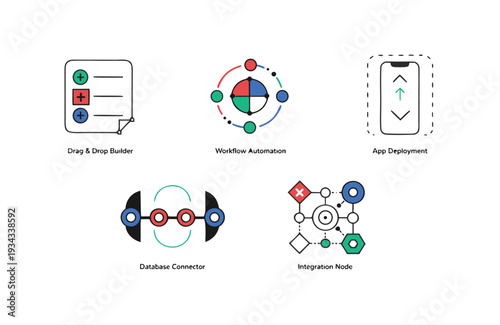 Collection of five distinct flat representing software development and workflow automation concepts Keywords: set, software