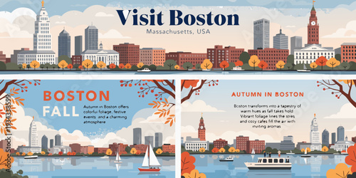 Boston Skyline with Autumn Trees – Panoramic Flat Vector Illustration with Soft Gradients | USA US U.S. United States Ultra‑Wide Banner, Card & Flyer Design

