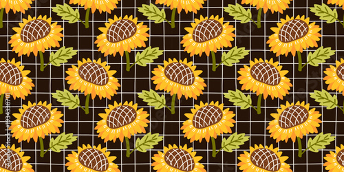Sunflower floral seamless pattern simple and background cute autumn. Fall vector vintage with gingham modern checkered and whimsical print summer. Yellow can sunflower with harvest