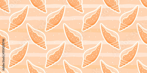 Vector seamless pattern with beige sea shells on a soft beige background. Minimal and modern marine design perfect for summer textiles, wrapping paper, and beach-themed decor