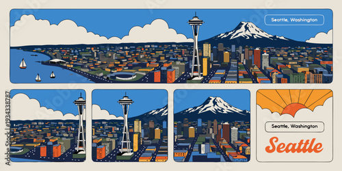 Seattle Skyline Aerial View with Mount Rainier – Ultra‑Wide Flat Vector Panoramic Illustration | USA US U.S. United States City Banner, Card & Flyer Design
