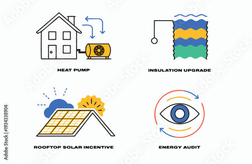 Visual representations of home energy solutions including heat pump insulation solar incentive and energy audit Keywords: heat