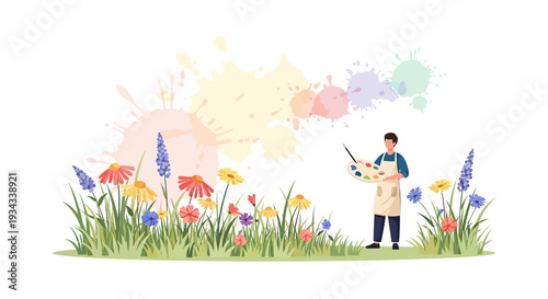 Artist Painting Wildflowers in Meadow with Colorful Splashes