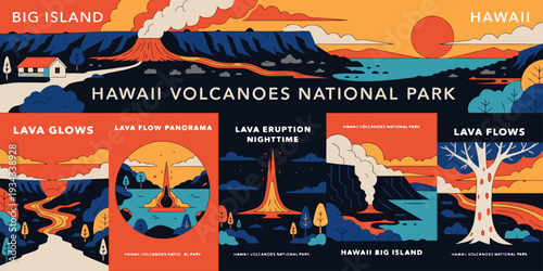 Hawaii Volcano Eruption Panorama with Lava Glow – Ultra‑Wide Flat Vector Tropical Illustration | USA US U.S. United States Island Banner, Card & Flyer Design
