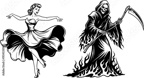 Grim Reaper holding scythe standing next to vintage dancing woman pinup girl silhouette black and white vector illustration for Halloween horror design