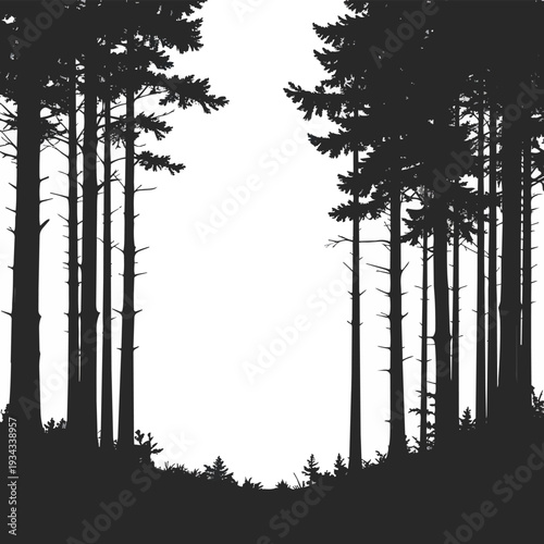 Forest Silhouette Black and White Vector Illustration