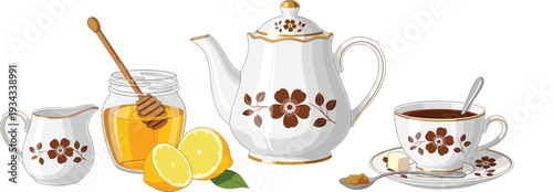 Elegant Tea Set with Floral Teapot, Cup and Saucer, Honey Jar and Lemon Slices Vector Illustration