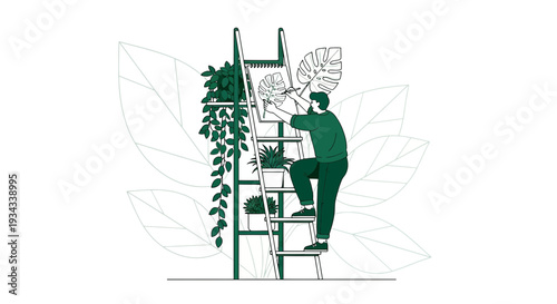 Artist Painting Plants on Ladder, Creative Greenery Illustration