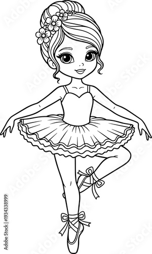Cute little ballerina girl dancing in tutu dress black and white line art vector illustration for kids coloring book page design.