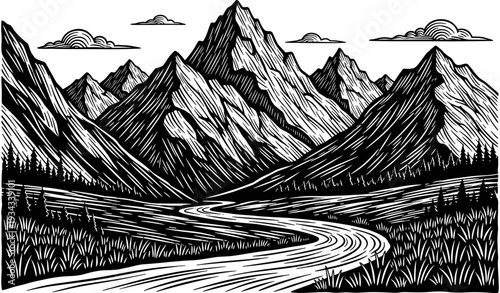Professional hand drawn black and white woodcut style mountain landscape illustration, scenic river winding through valley with majestic alpine peaks background.