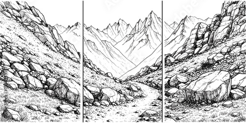 Professional hand-drawn black and white woodcut style mountain landscape illustration, triptych set of rocky hiking trails and majestic alpine peaks scenery,