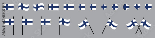 Finland Flag Collection Various Shapes, Icons and Waving Flag Vector Set on Grey Background.