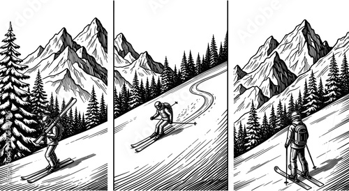 Professional hand drawn black and white woodcut style winter sports mountain landscape illustration, triptych set of skiers on snowy slopes,