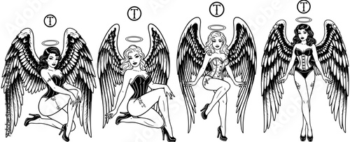 Retro, vintage, pinup, angel, woman, wings, halo, lingerie, girl, art, vector, illustration, black, white, heavenly, divine, mythical, female, character, set