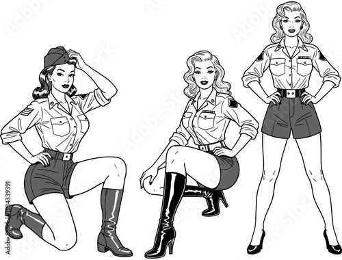 Retro, vintage, pinup, military, woman, army, uniform, girl, soldier, art, vector, illustration, black, white, 1940s, world, war, female, character, set