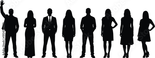 Business Men and Women Silhouettes Standing in Row Isolated on White Background, Corporate Professionals Team, Leadership and Office Concept