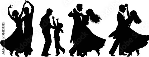 Elegant ballroom dancing silhouettes, diverse couples and children performing waltz, tango, and salsa movements, professional dance performance, black vector art, isolated white background.