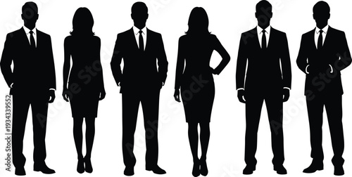Business Men and Women Silhouettes Standing Isolated on White Background, Corporate Professionals, Formal Office Attire and Leadership Concept