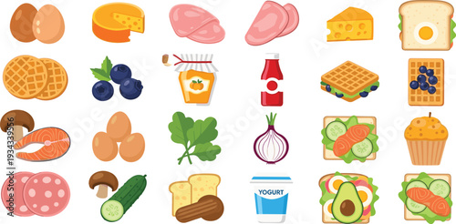 Protein Rich Foods Collection with Eggs, Meat, Fish, Dairy, Nuts, Sandwiches and Healthy Ingredients Vector Illustration Set