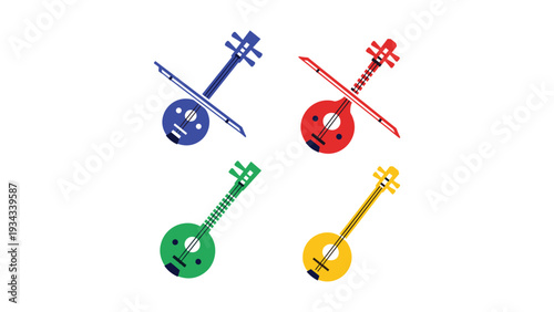 Colorful musical instruments with whimsical designs and vibrant colors.