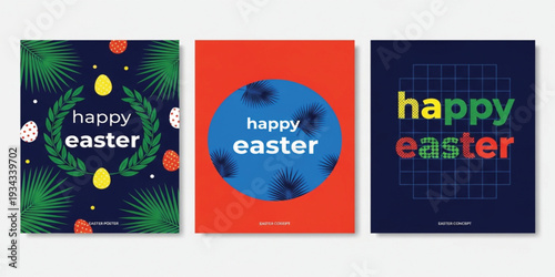 Happy Easter Poster Set with Colorful Eggs, Palm Leaves and Modern Typography for Spring Holiday Greeting Cards and Festive Celebration Designs
