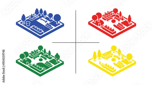 Four colorful miniature landscapes with architectural elements and trees