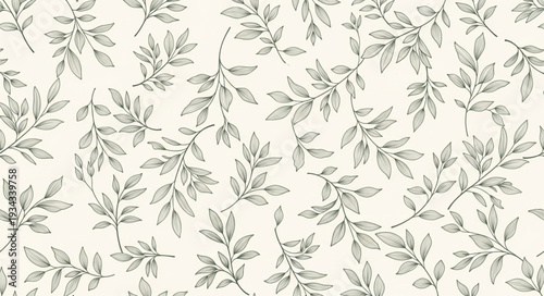 Delicate botanical pattern with grey leaves on a cream background.