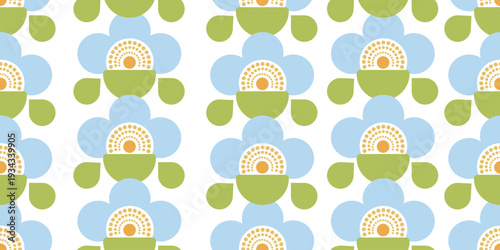 Stylized blue forget-me-not flowers with green leaves on white background in 70s retro style. Seamless repeating floral pattern for fabric, wallpaper and vintage decor design.