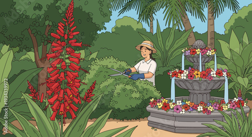 Woman Watering Lush Green Plants in a Vibrant Garden.