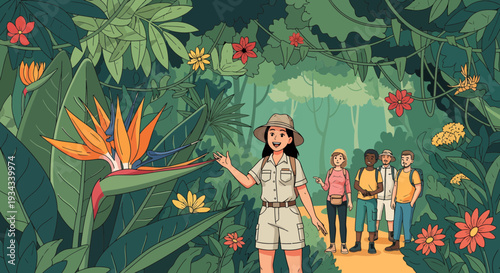 Young female explorer leading a diverse group on an adventure.