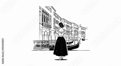 Woman in elegant dress gazes at Venetian canal with gondolas and buildings