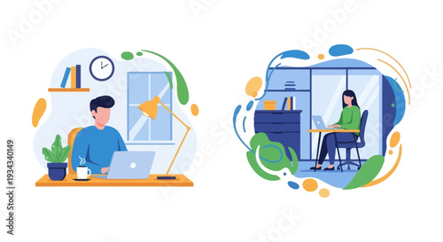 Hybrid Work & Remote Office: Modern Flat Illustration of Professionals Working from Home and in a Contemporary Office, Emphasizing Flexible Employment and Productivity.