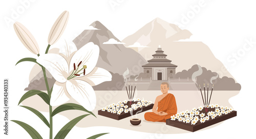 Buddhist monk meditating peacefully amidst serene natural surroundings.