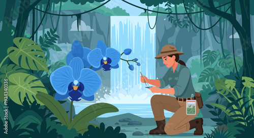 Botanist studying vibrant blue orchids in lush jungle setting.