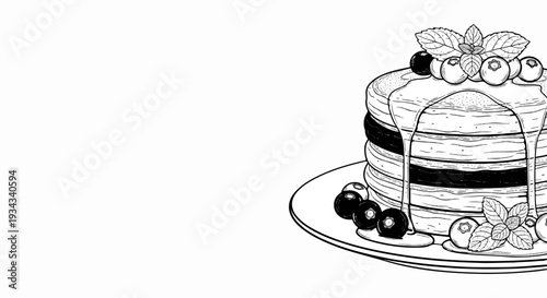 Stack of pancakes drizzled with syrup, topped with blueberries and mint