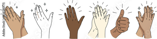 Diverse hands clapping and showing thumbs up, unity support teamwork and celebration concept flat vector illustration