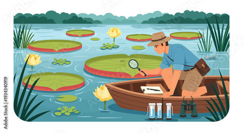 Scientist studying giant water lilies in a boat.