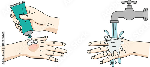 Hand applying ointment on rash and washing hands with water, skincare and hygiene concept flat vector illustration