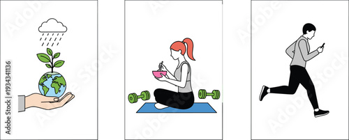 Healthy lifestyle and sustainable living concept, eco care balanced diet and active fitness routine flat vector illustration