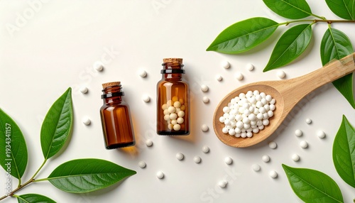 World Homeopathy Day banner background featuring natural homeopathic remedies and botanical elements. Clean and calming composition representing holistic health, alternative medicine, wellness